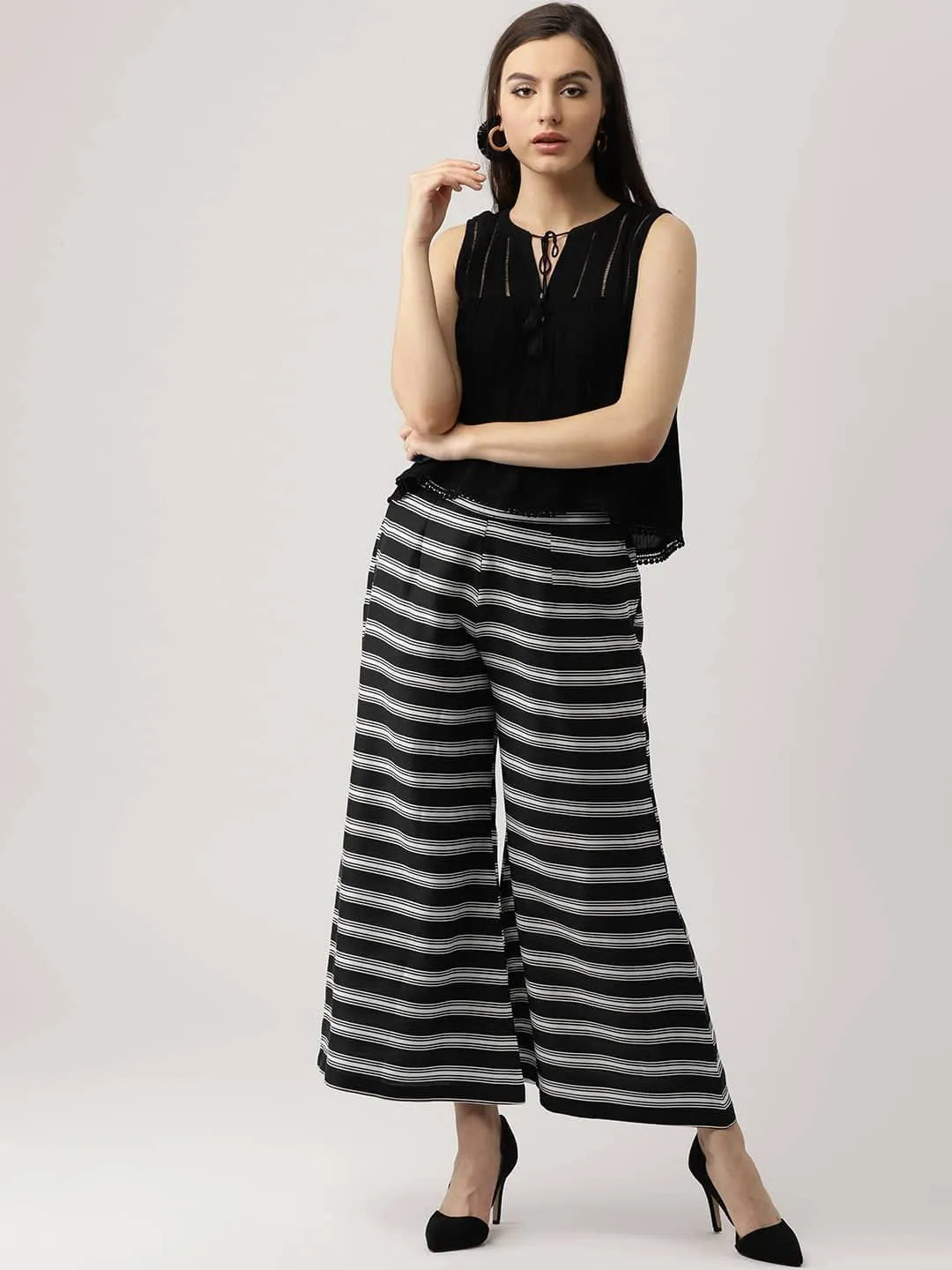 Black Striped Crepe Palazzos - Libas 