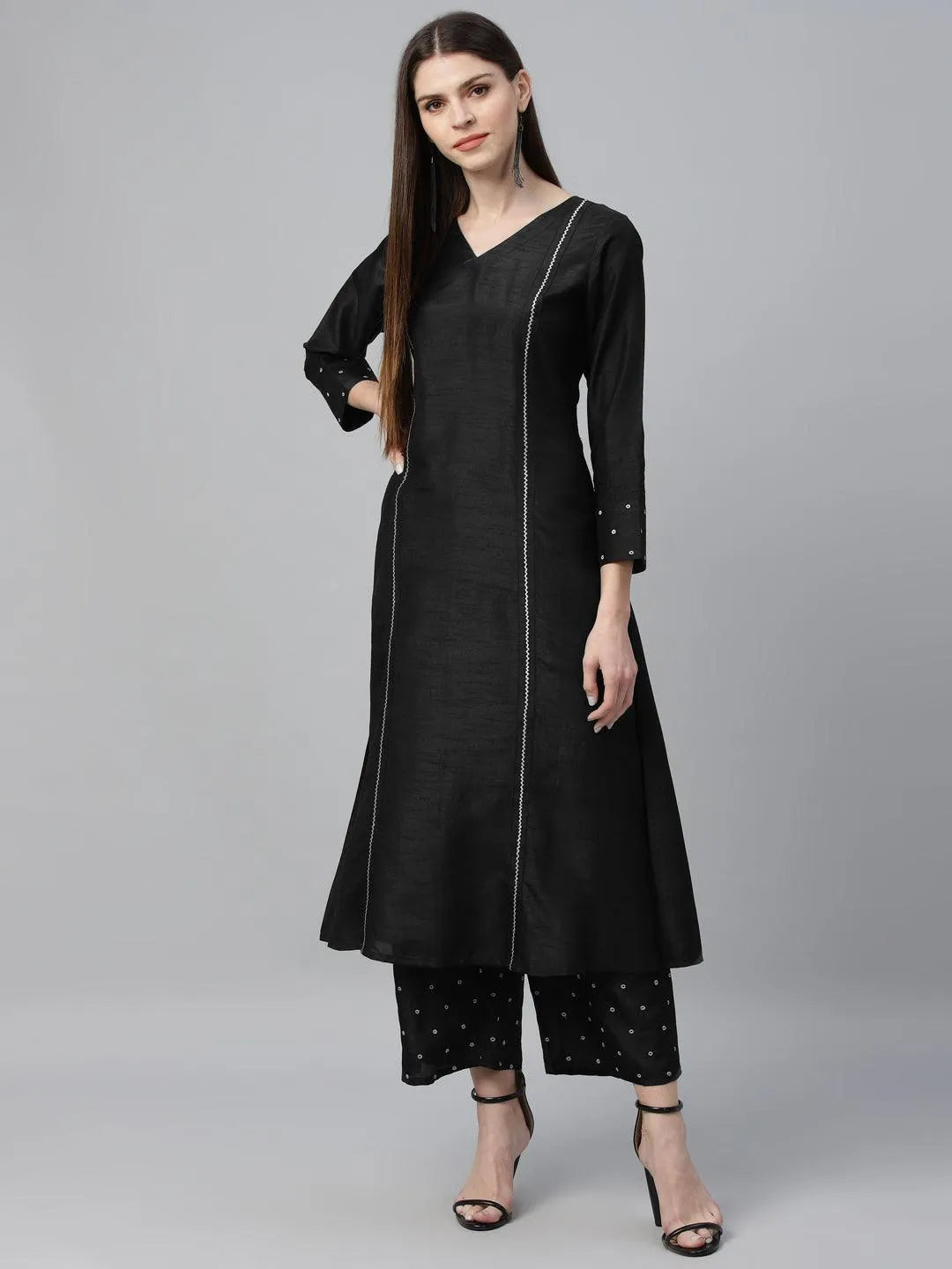 Black Striped Polyester Kurta Set - Libas 