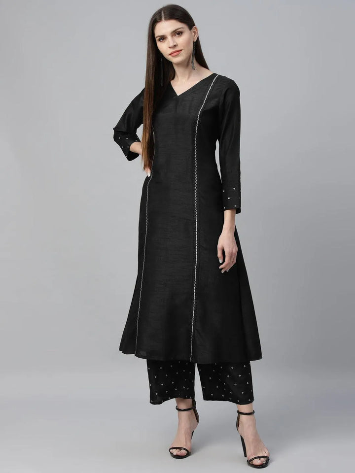 Black Striped Polyester Kurta Set - Libas