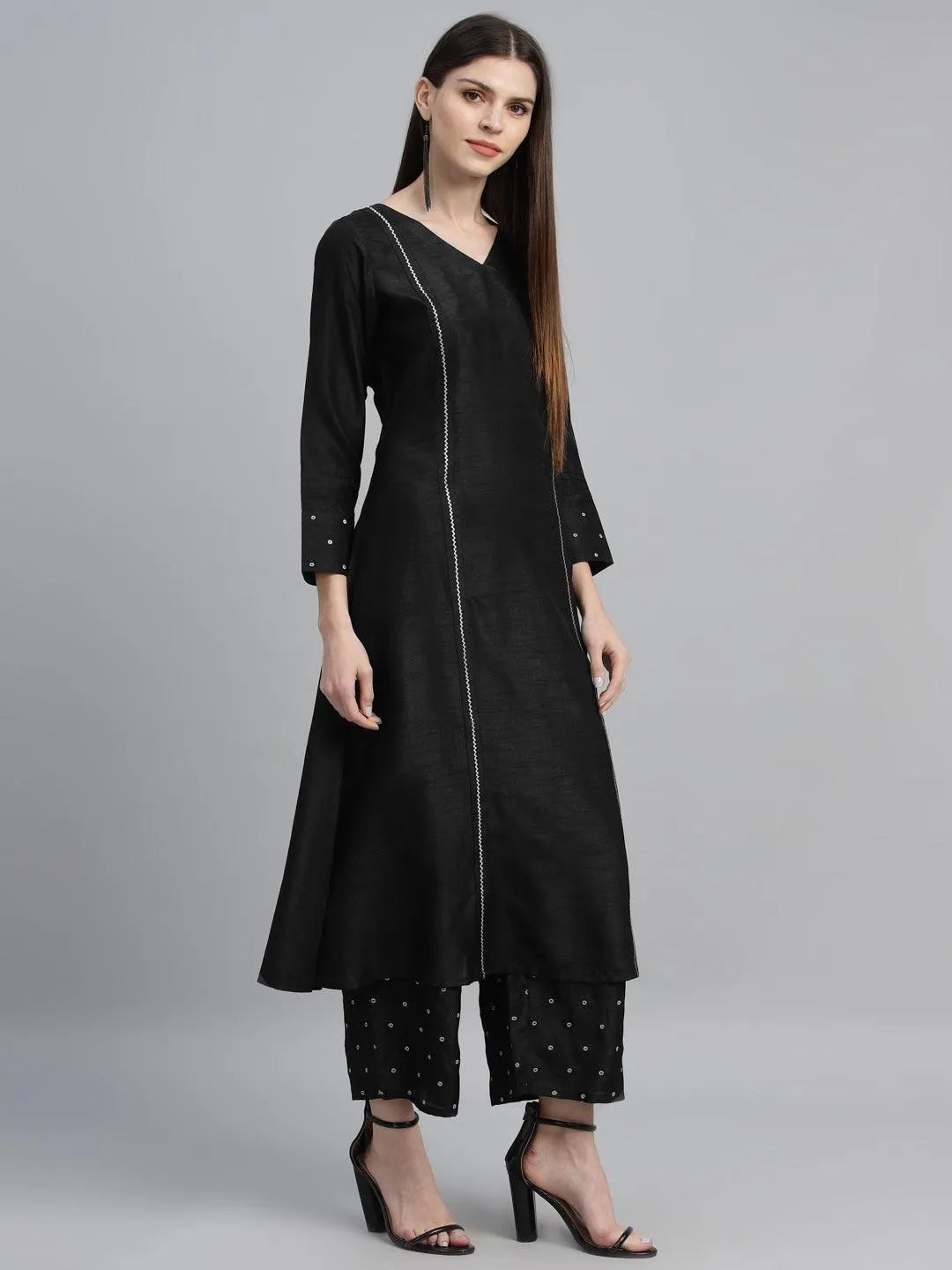 Black Striped Polyester Kurta Set - Libas 