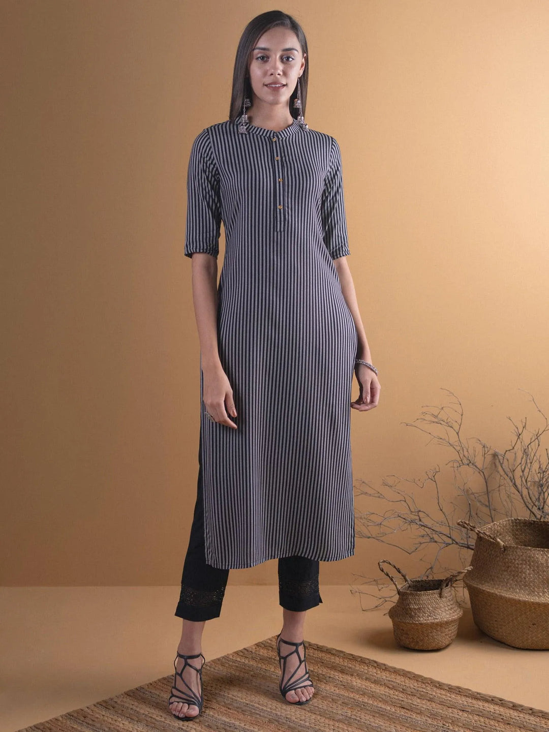 Black Striped Rayon Kurta - Libas 