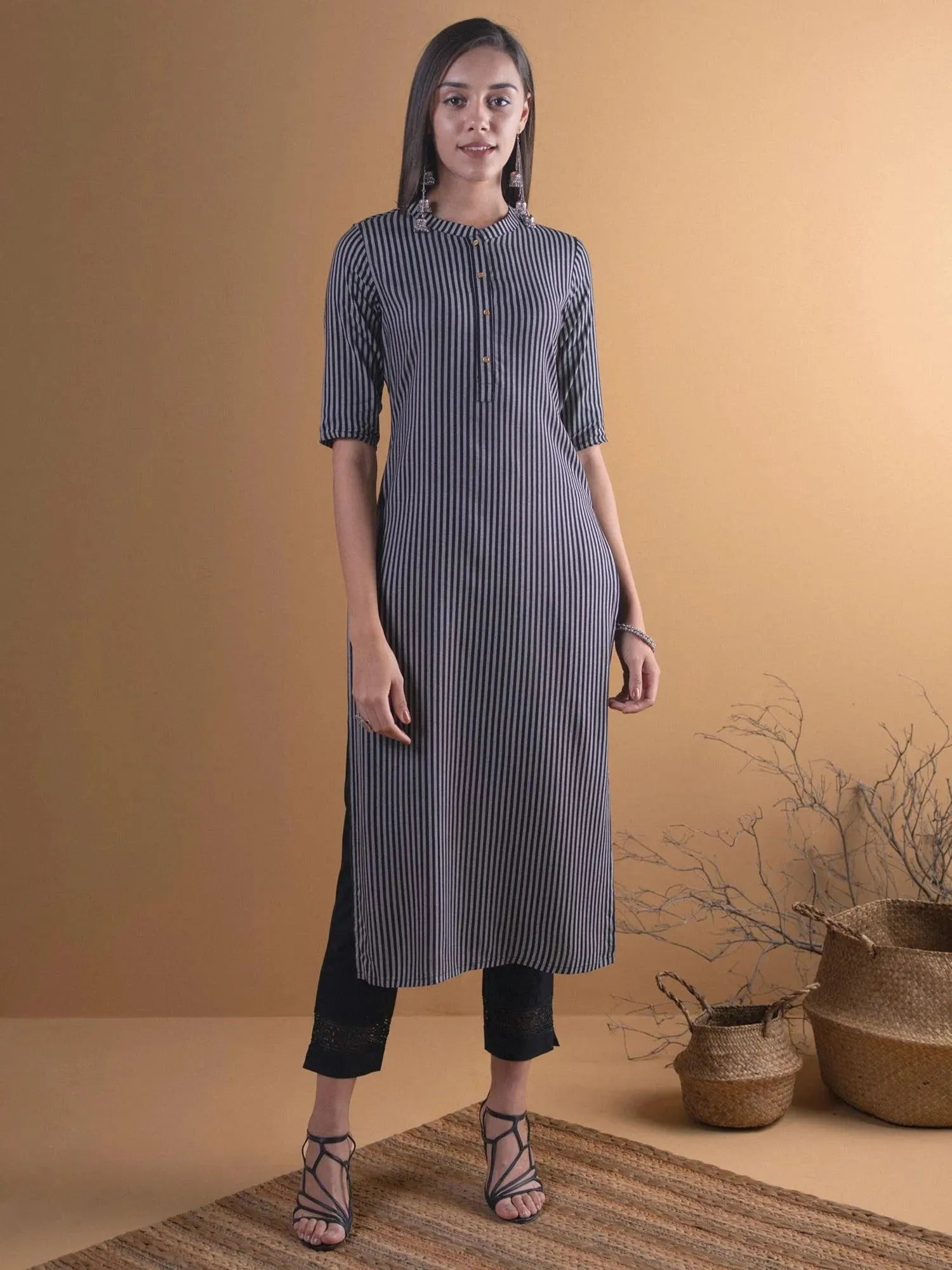 

Buy Black Striped Rayon Kurta - 7354- | Libas Ethnic Wear Online