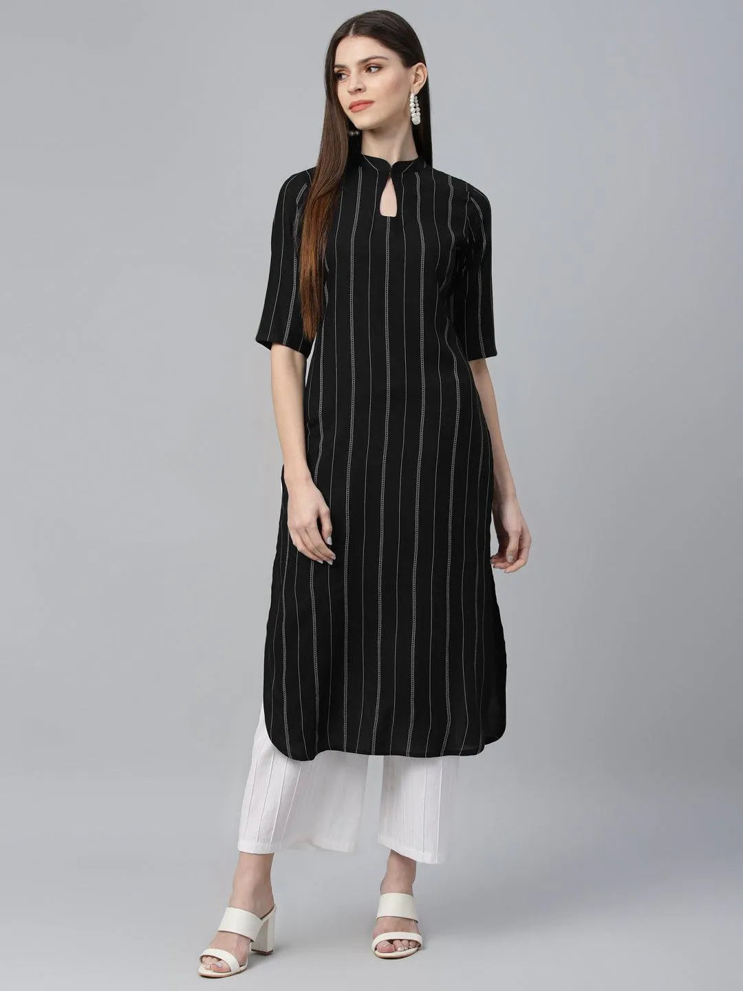 Black Striped Rayon Kurta - Libas