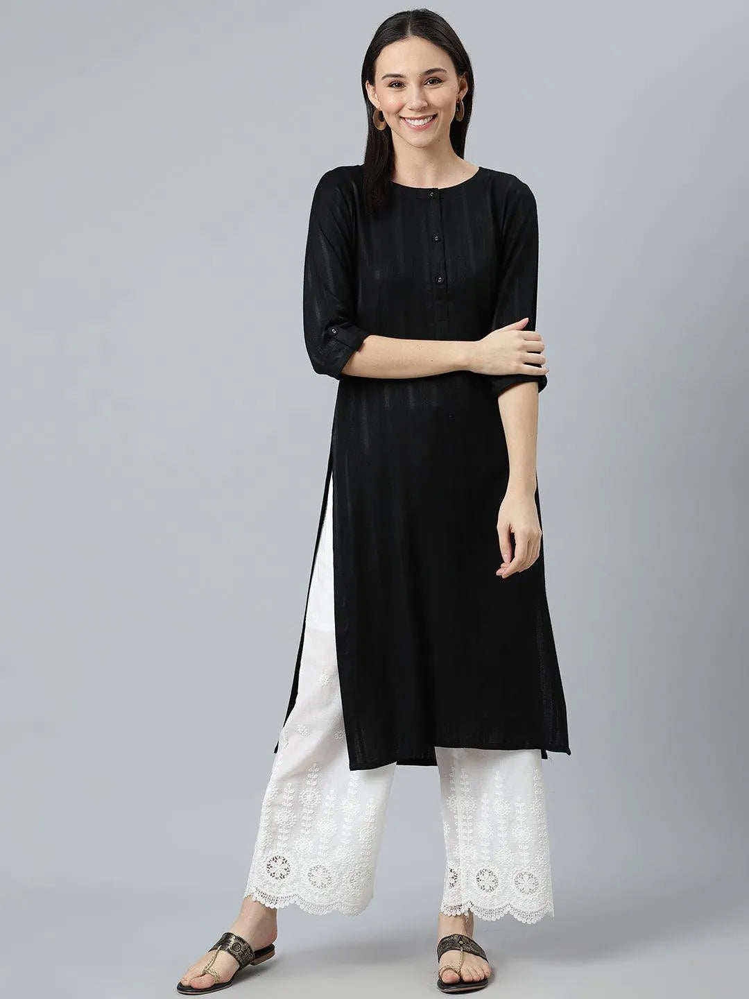 Black Striped Rayon Kurta - Libas