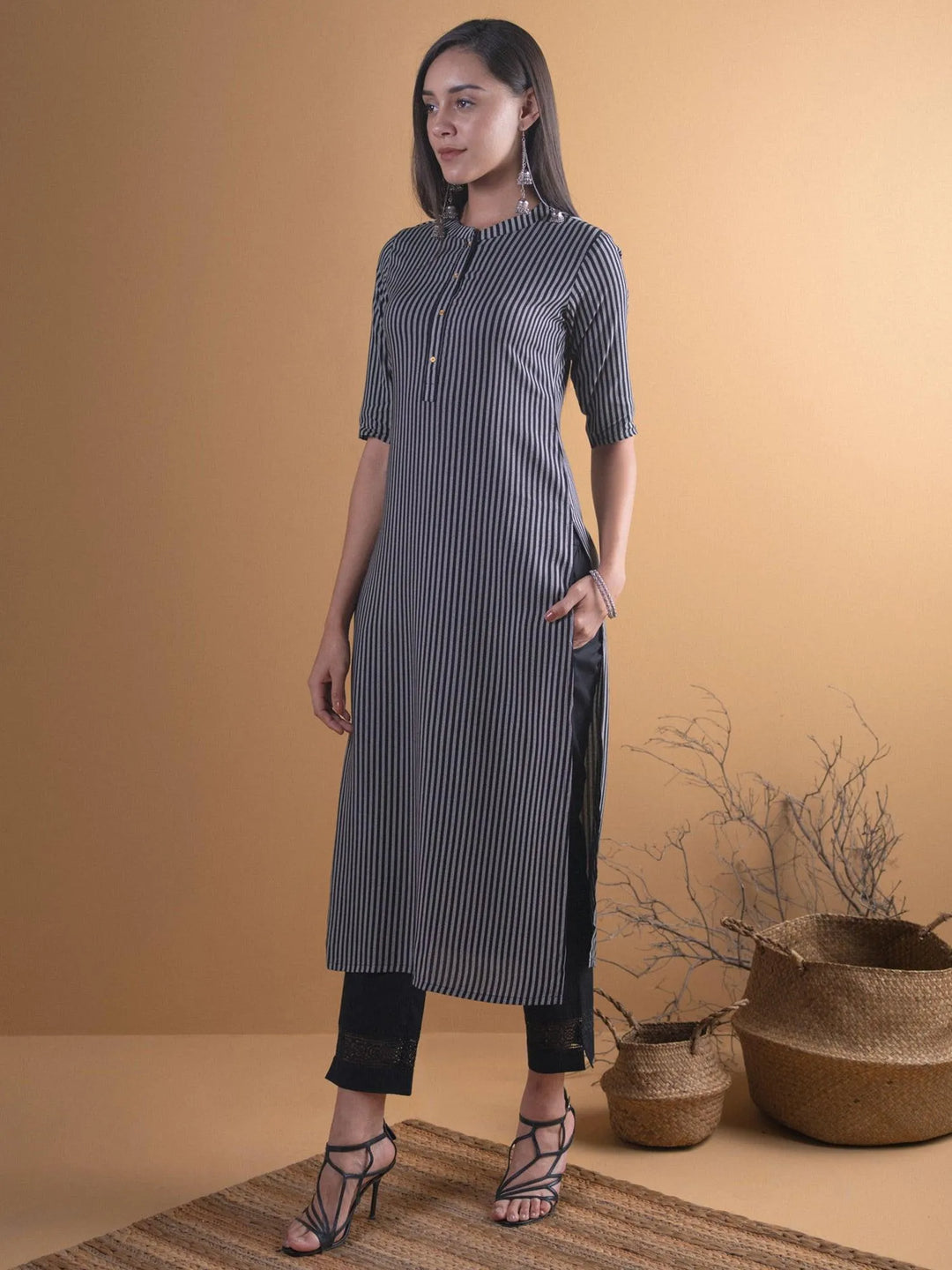 Black Striped Rayon Kurta - Libas 