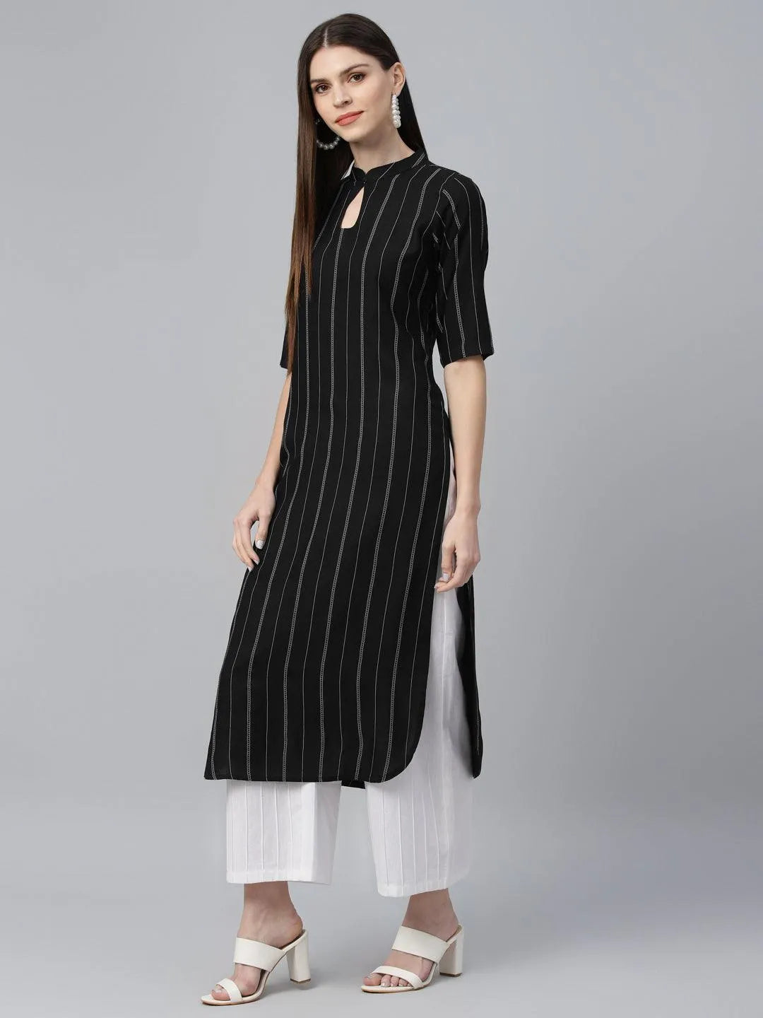 Black Striped Rayon Kurta - Libas