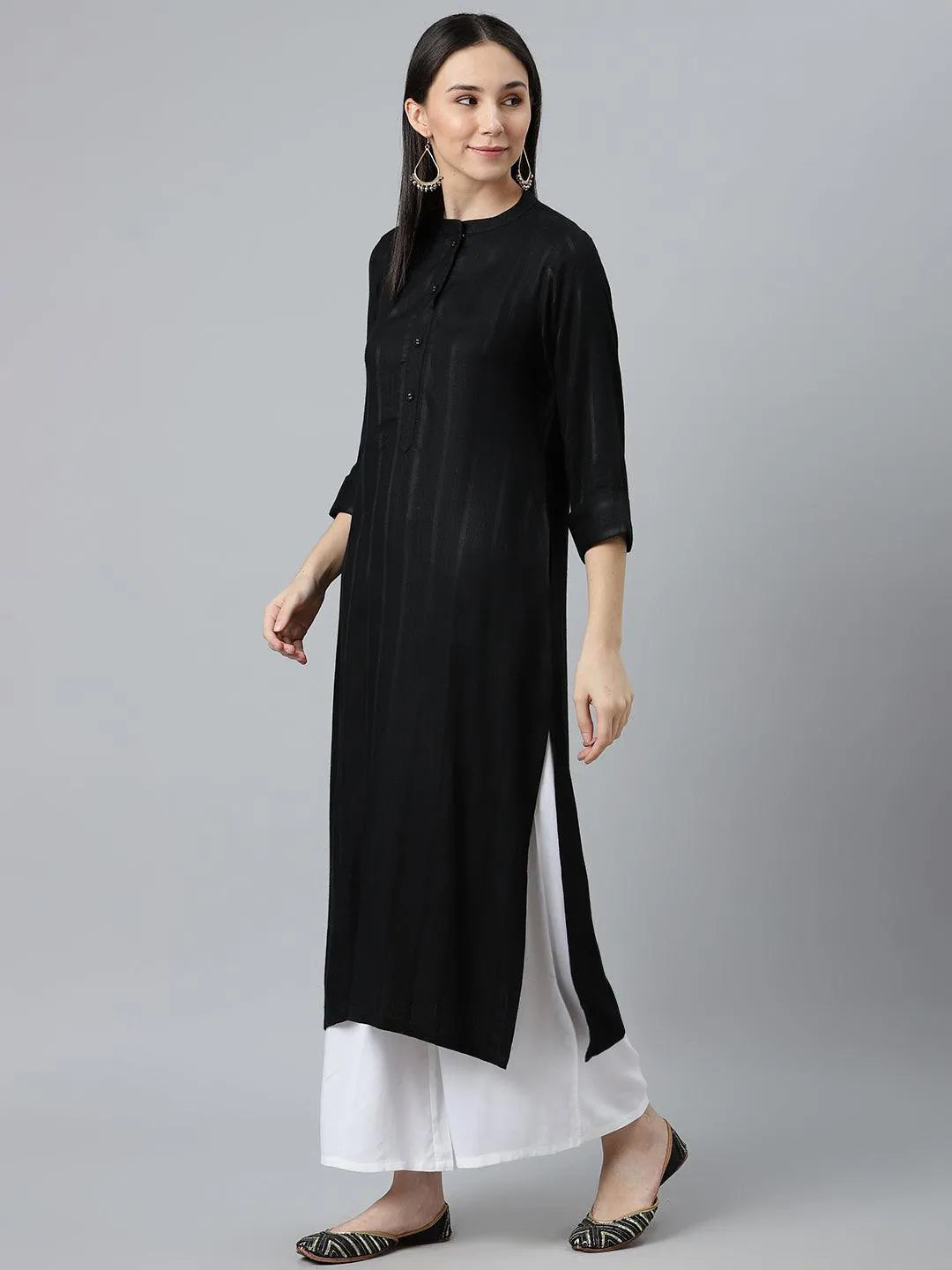 Black Striped Rayon Kurta - Libas