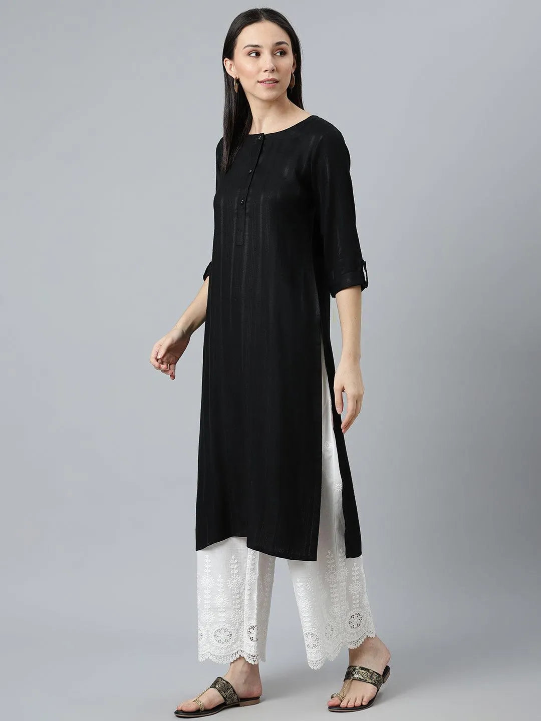 Black Striped Rayon Kurta - Libas