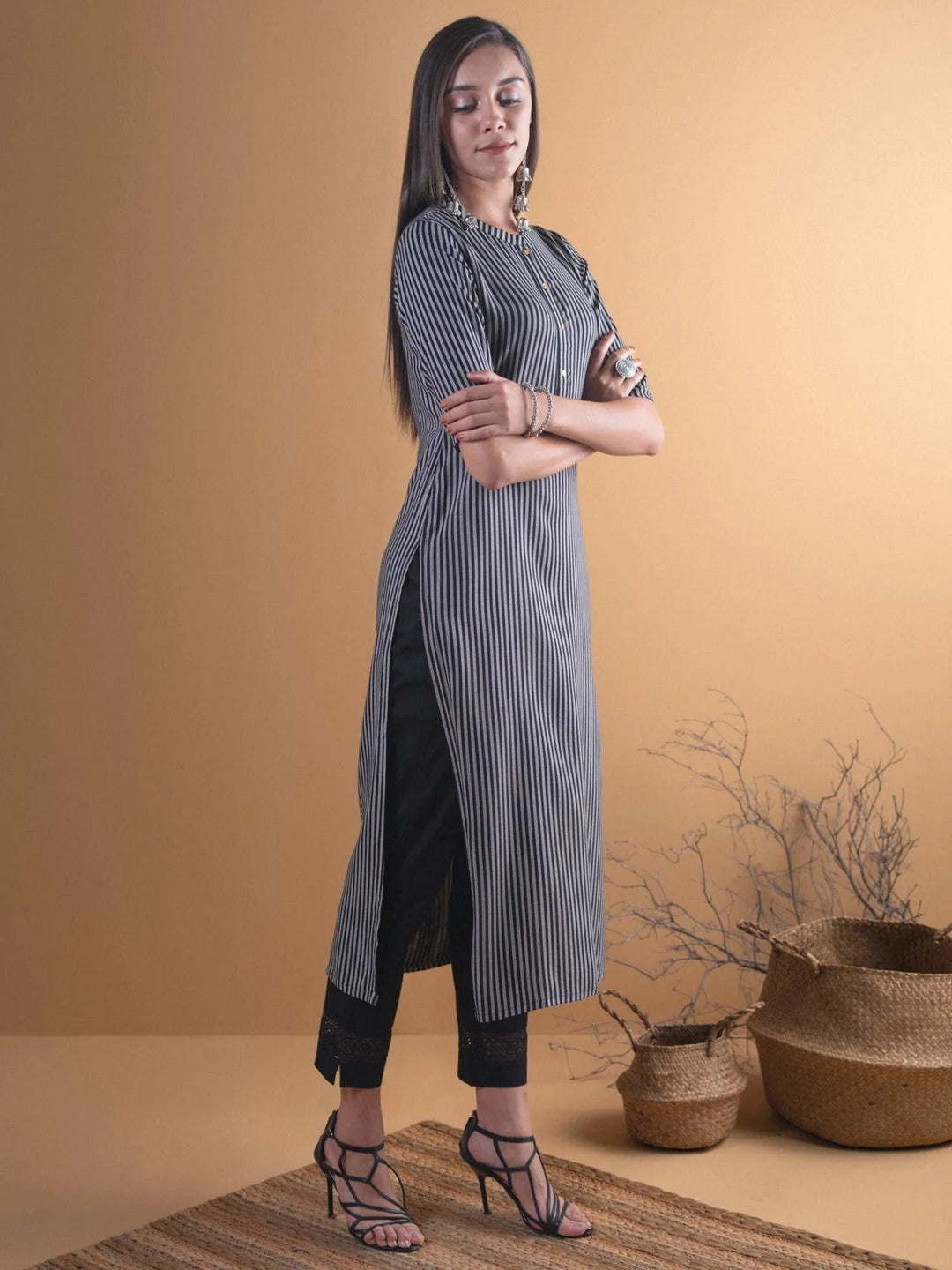 Black Striped Rayon Kurta - Libas 