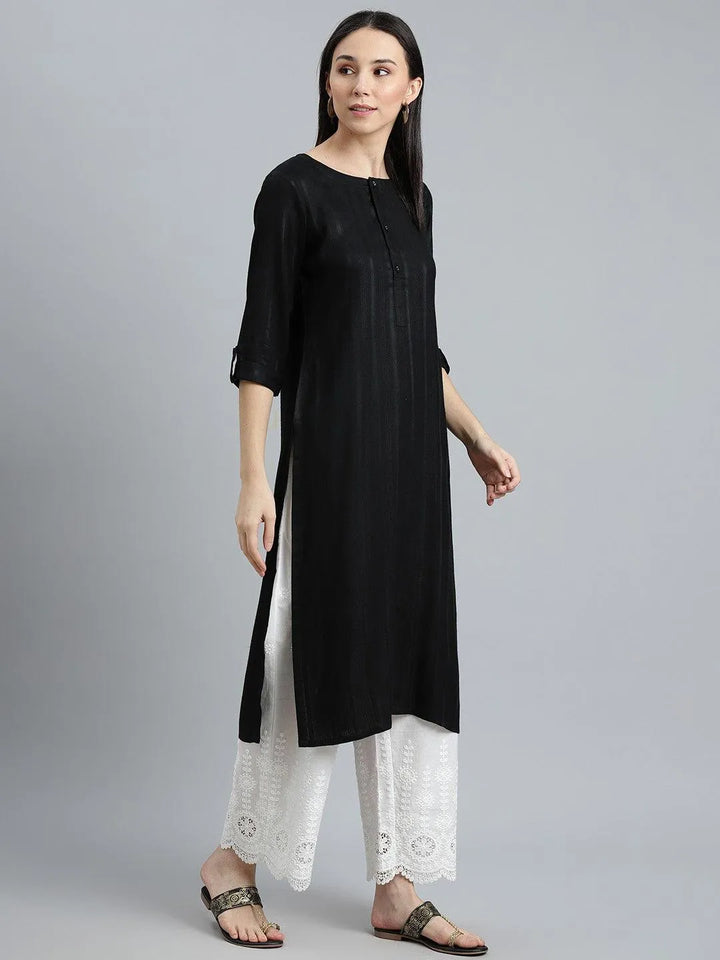 Black Striped Rayon Kurta - Libas