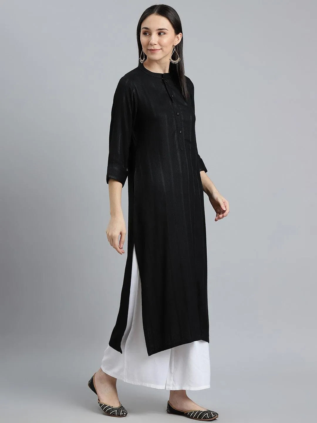 Black Striped Rayon Kurta - Libas