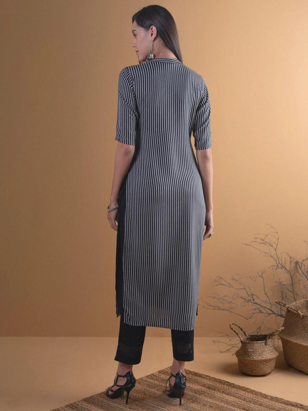 Black Striped Rayon Kurta - Libas 