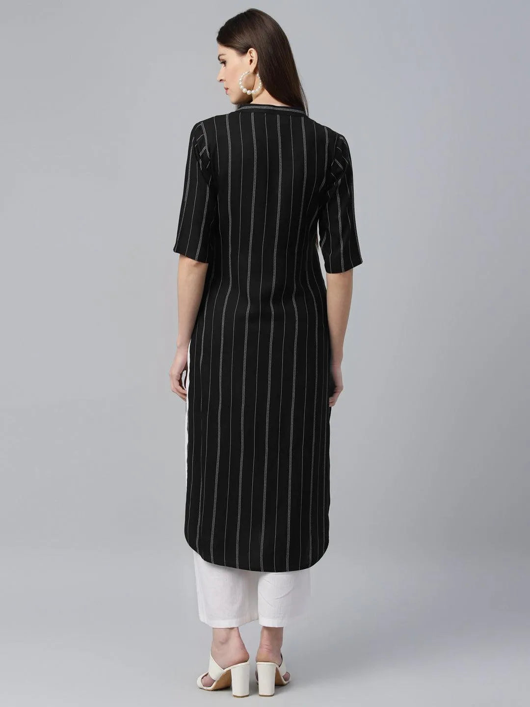 Black Striped Rayon Kurta - Libas