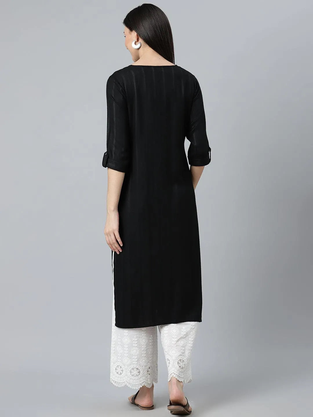 Black Striped Rayon Kurta - Libas