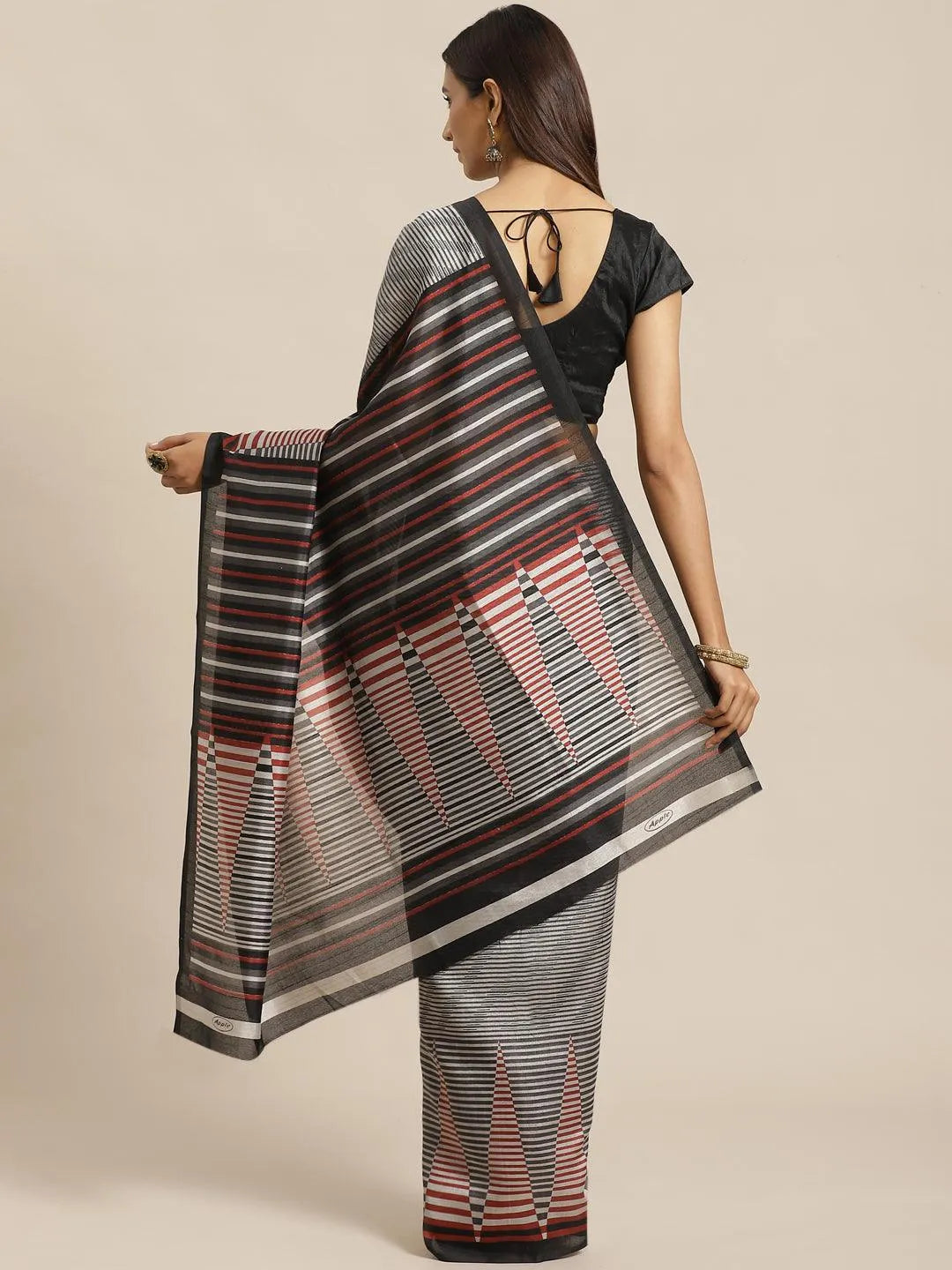 Black Striped Silk Blend Saree - Libas