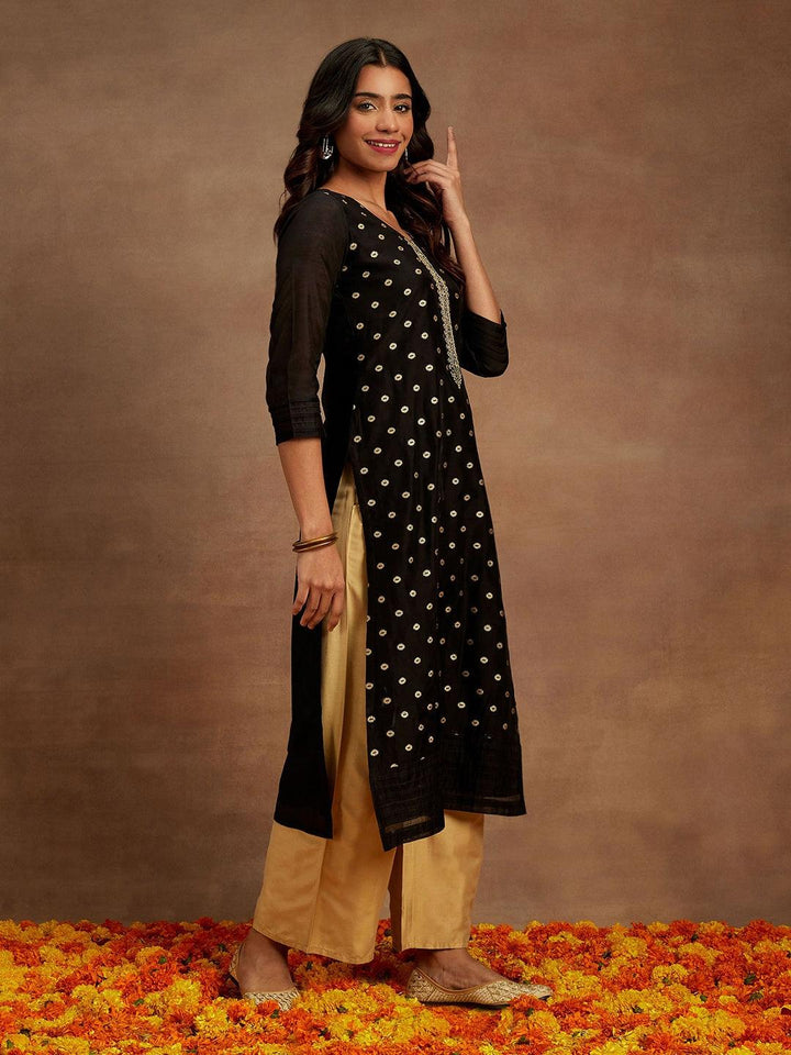 Black Woven Design Chanderi Silk Straight Kurta - Libas