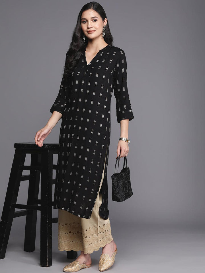 Black Woven Design Rayon Straight Kurta - Libas