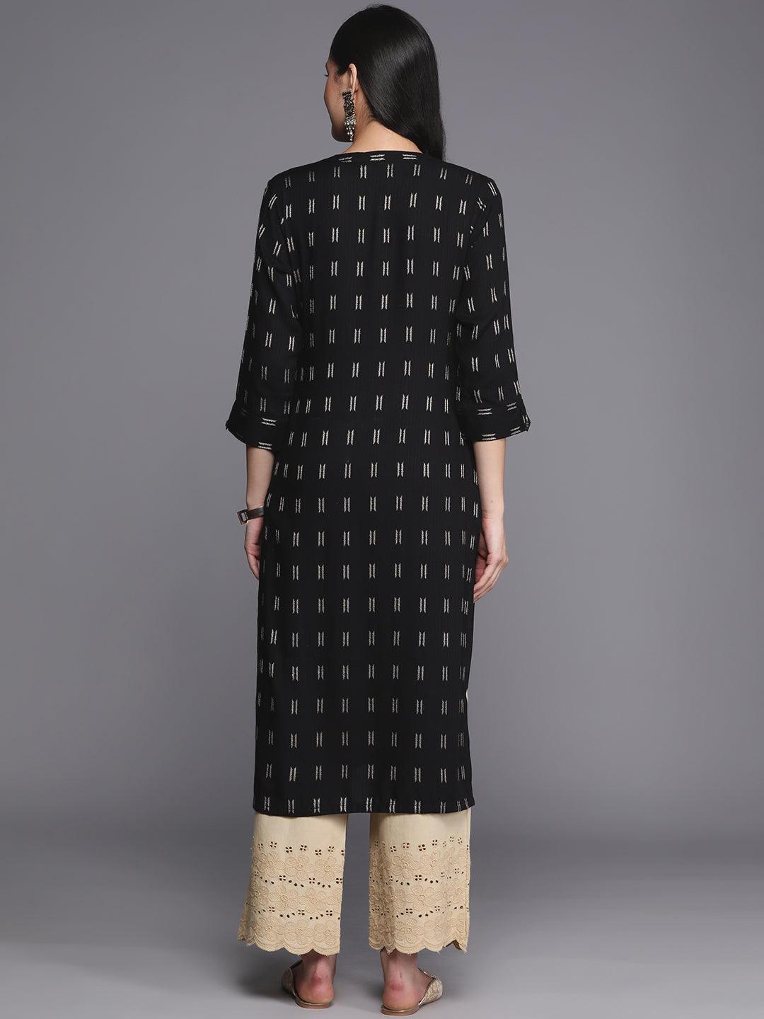 Black Woven Design Rayon Straight Kurta - Libas