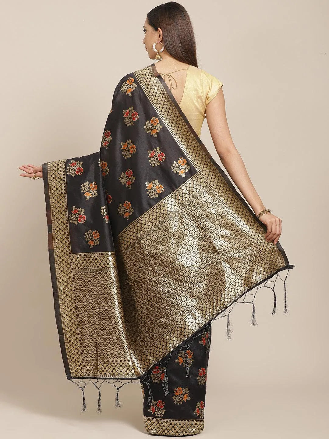 Black Woven Design Silk Blend Saree - Libas