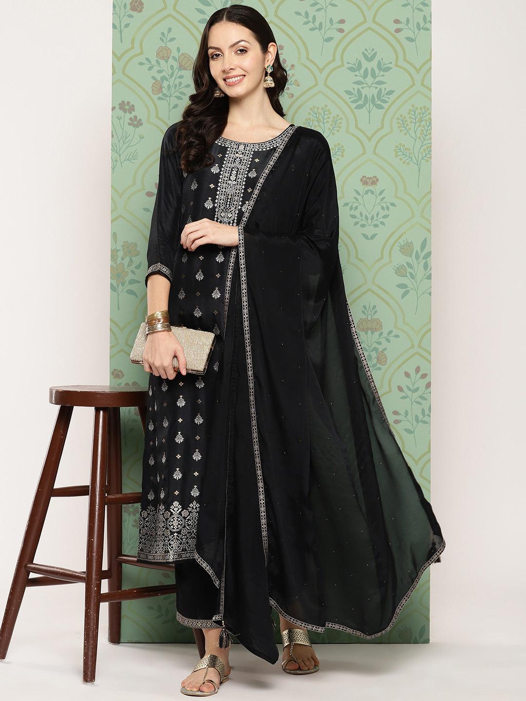 Black Woven Design Silk Blend Straight Kurta With Trousers & Dupatta - Libas 