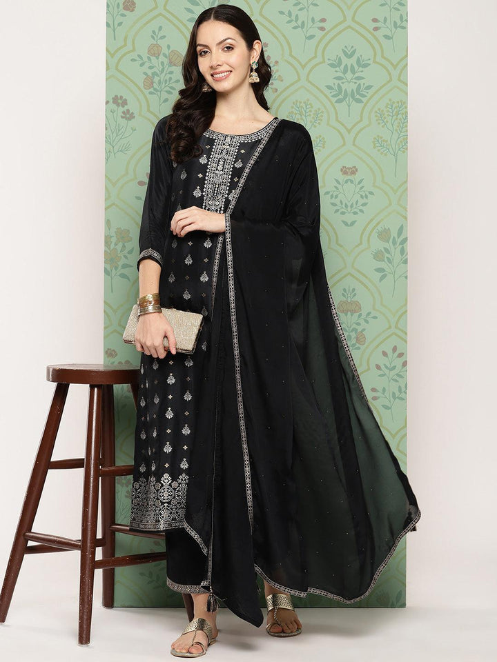 Black Woven Design Silk Blend Straight Kurta With Trousers & Dupatta - Libas