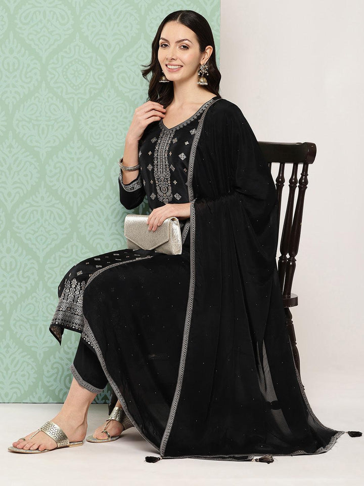 Black Woven Design Silk Blend Straight Kurta With Trousers & Dupatta - Libas