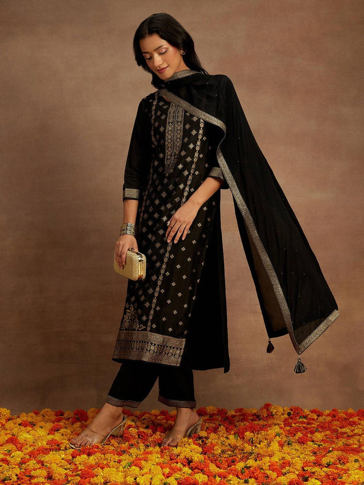 Black Woven Design Silk Blend Straight Kurta With Trousers & Dupatta - Libas