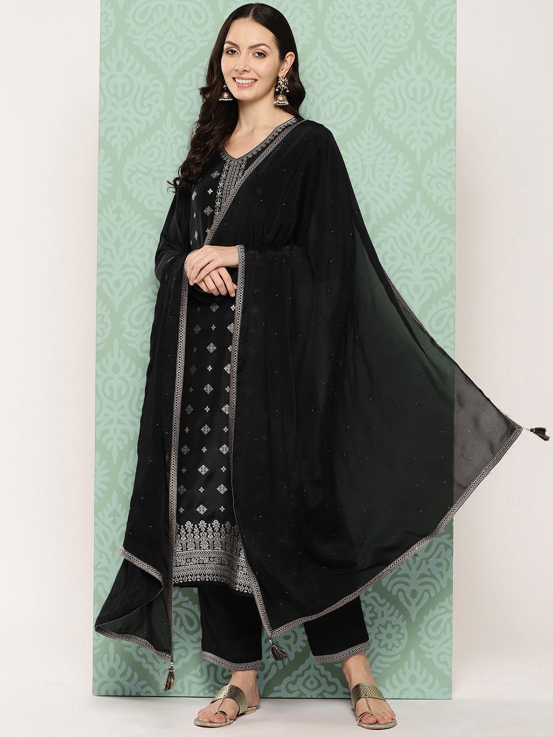 Black Woven Design Silk Blend Straight Kurta With Trousers & Dupatta - Libas