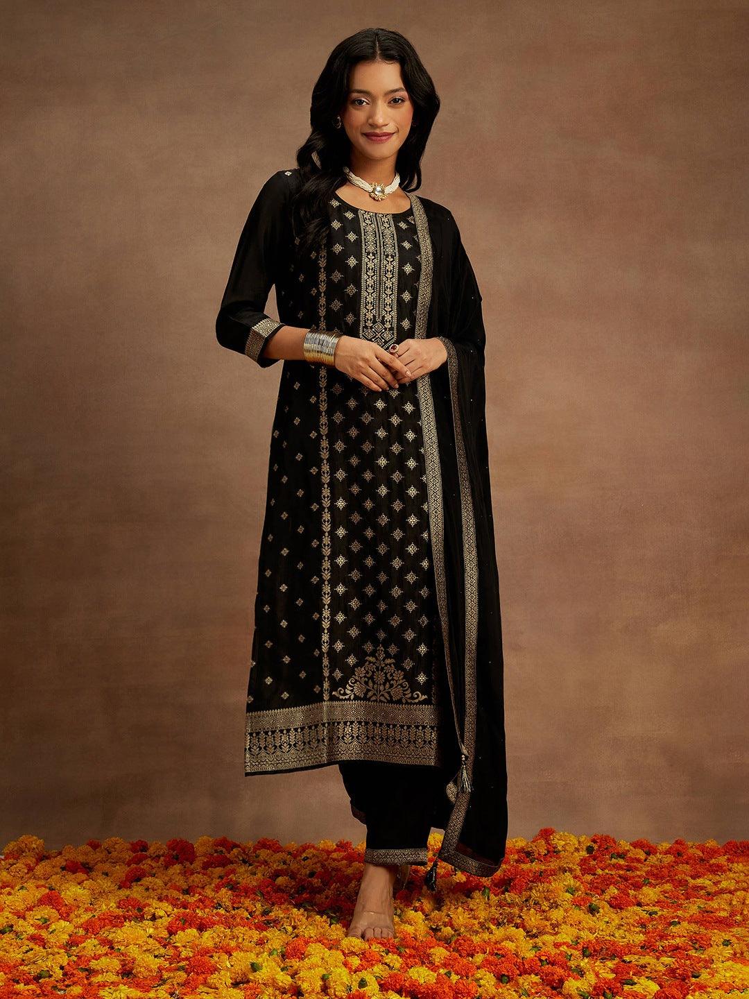 Black Woven Design Silk Blend Straight Kurta With Trousers & Dupatta - Libas 