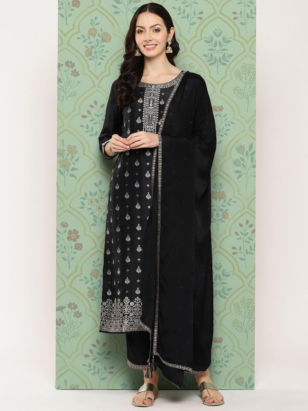 Black Woven Design Silk Blend Straight Kurta With Trousers & Dupatta - Libas 