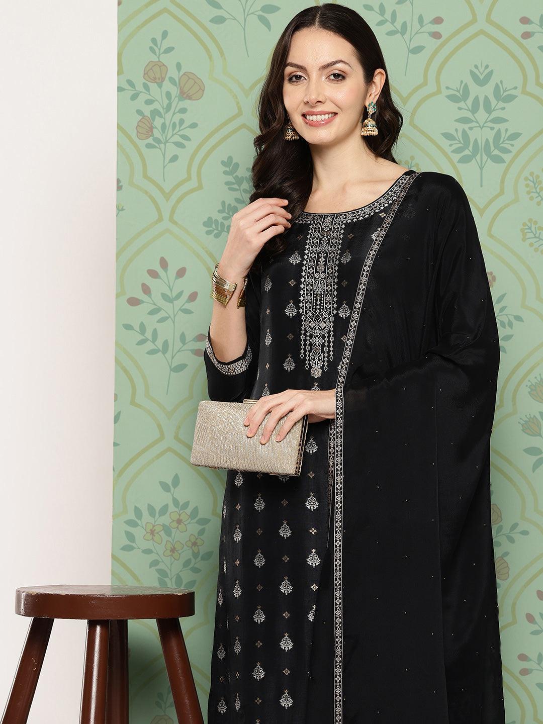 Black Woven Design Silk Blend Straight Kurta With Trousers & Dupatta - Libas