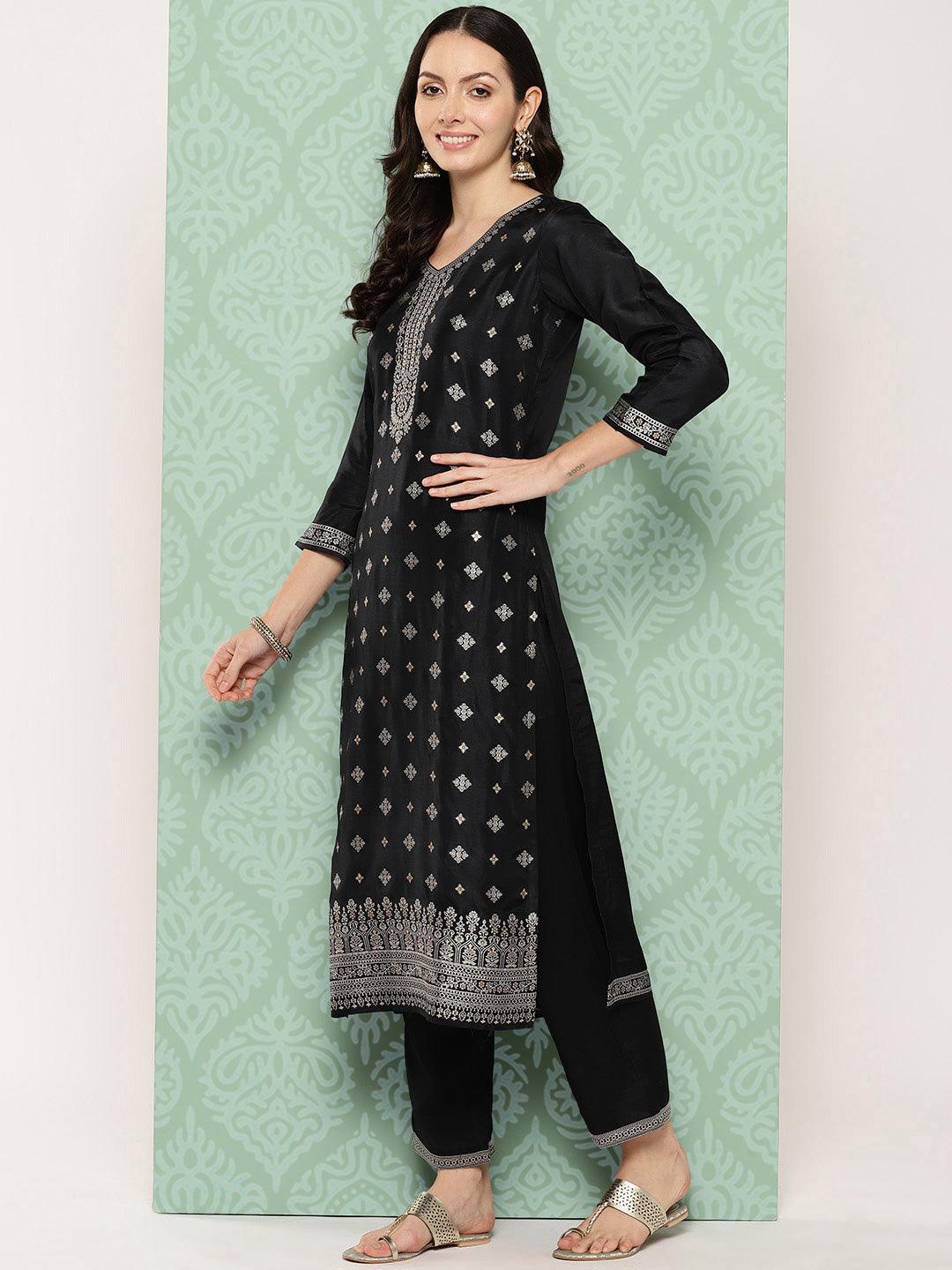 Black Woven Design Silk Blend Straight Kurta With Trousers & Dupatta - Libas