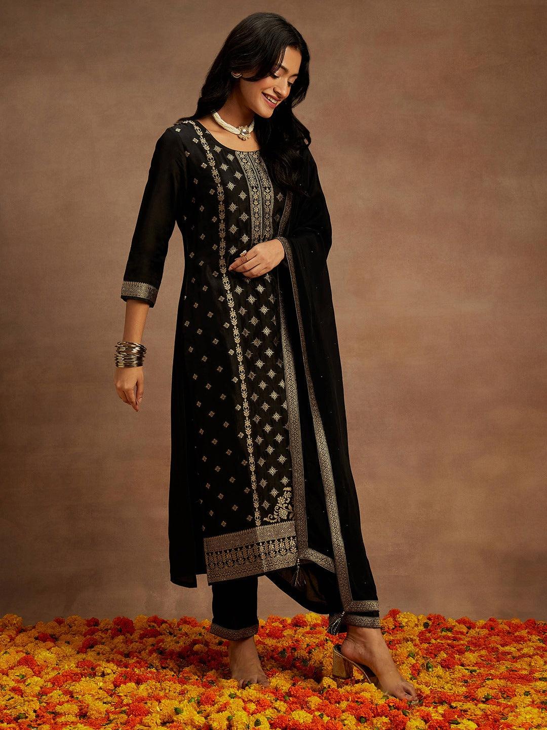 Black Woven Design Silk Blend Straight Kurta With Trousers & Dupatta - Libas