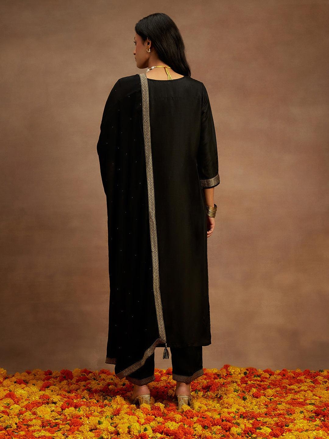 Black Woven Design Silk Blend Straight Kurta With Trousers & Dupatta - Libas 