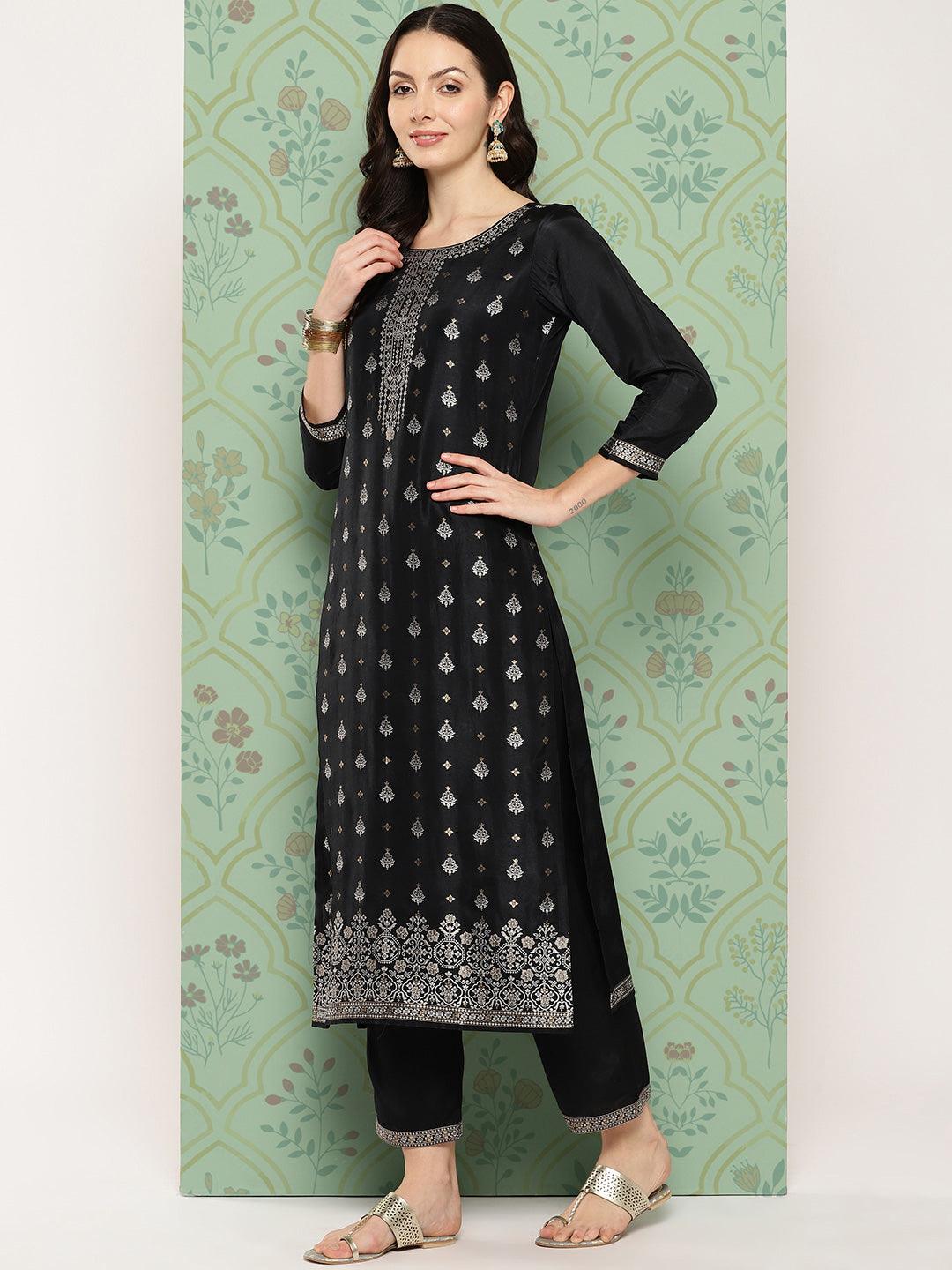 Black Woven Design Silk Blend Straight Kurta With Trousers & Dupatta - Libas 