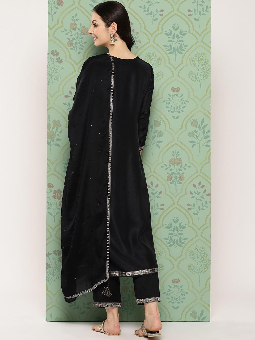 Black Woven Design Silk Blend Straight Kurta With Trousers & Dupatta - Libas 