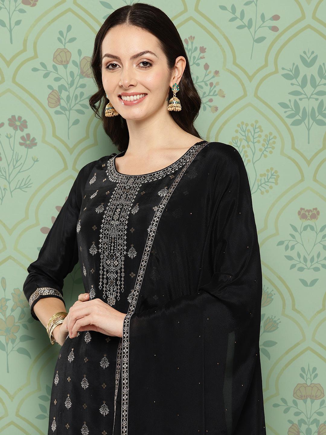 Black Woven Design Silk Blend Straight Kurta With Trousers & Dupatta - Libas 