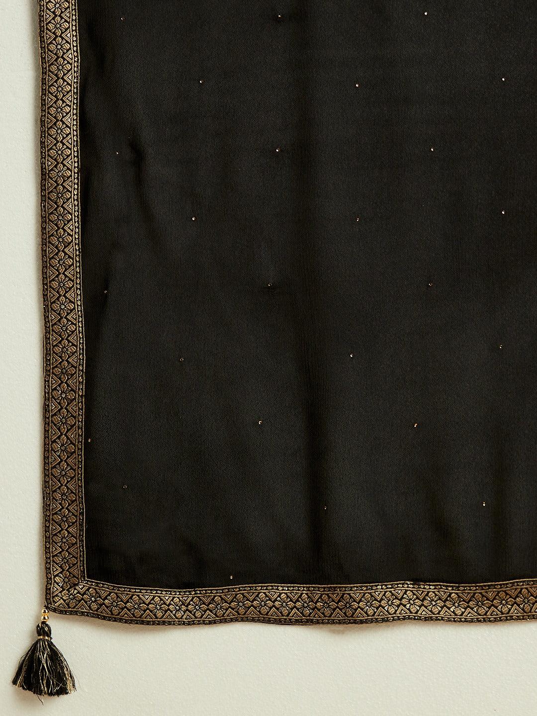 Black Woven Design Silk Blend Straight Kurta With Trousers & Dupatta - Libas 