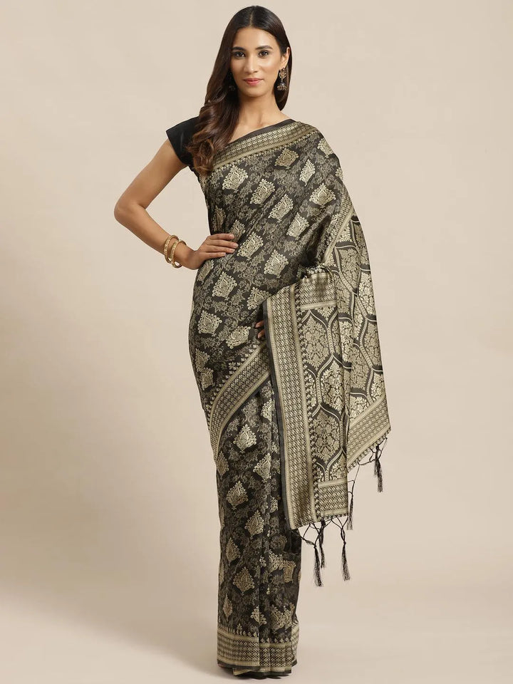 Black Woven Design Silk Saree - Libas