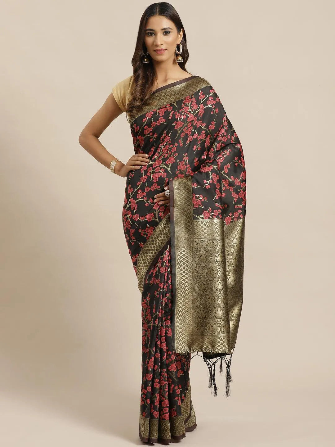 Black Woven Design Silk Saree - Libas