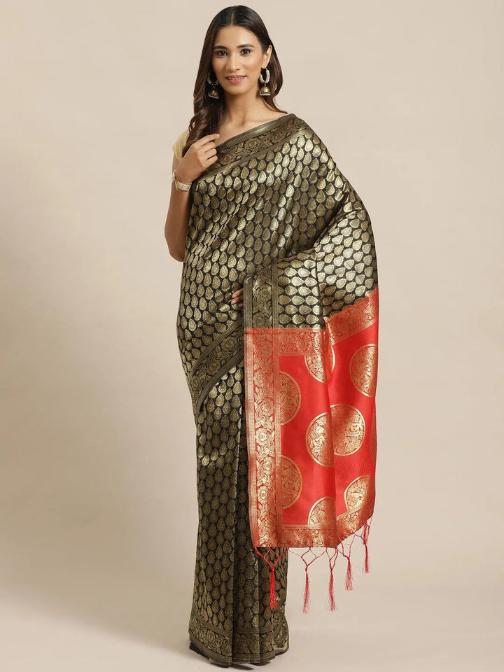 Black Woven Design Silk Saree - Libas