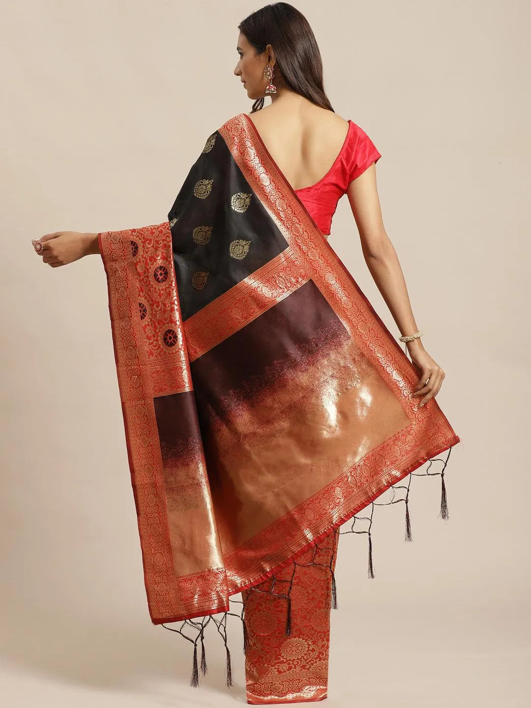 Black Woven Design Silk Saree - Libas