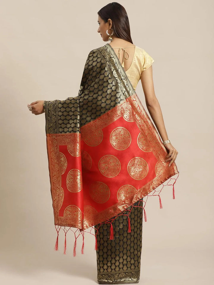 Black Woven Design Silk Saree - Libas