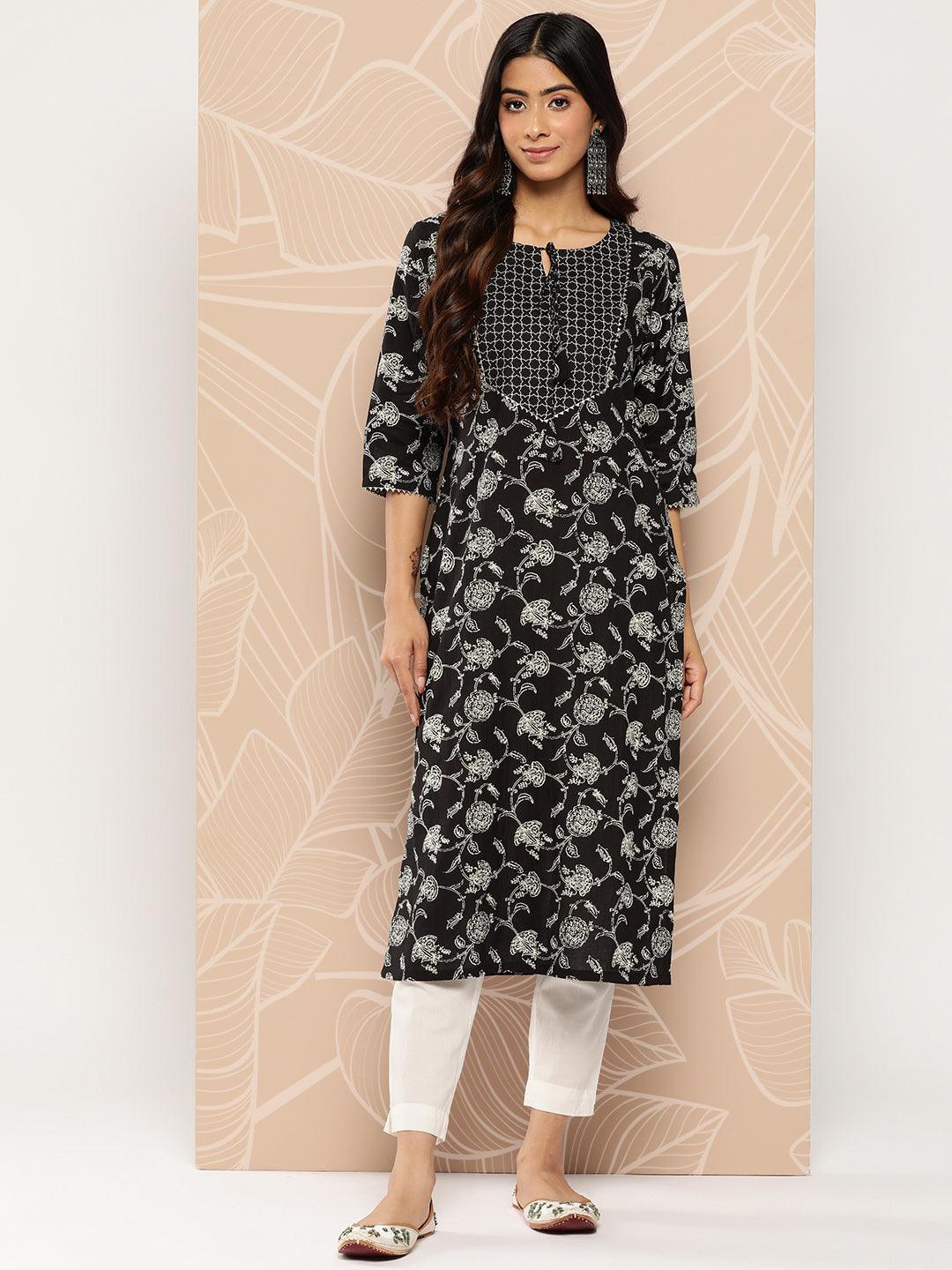 Black Yoke Design Cotton Straight Kurta - Libas