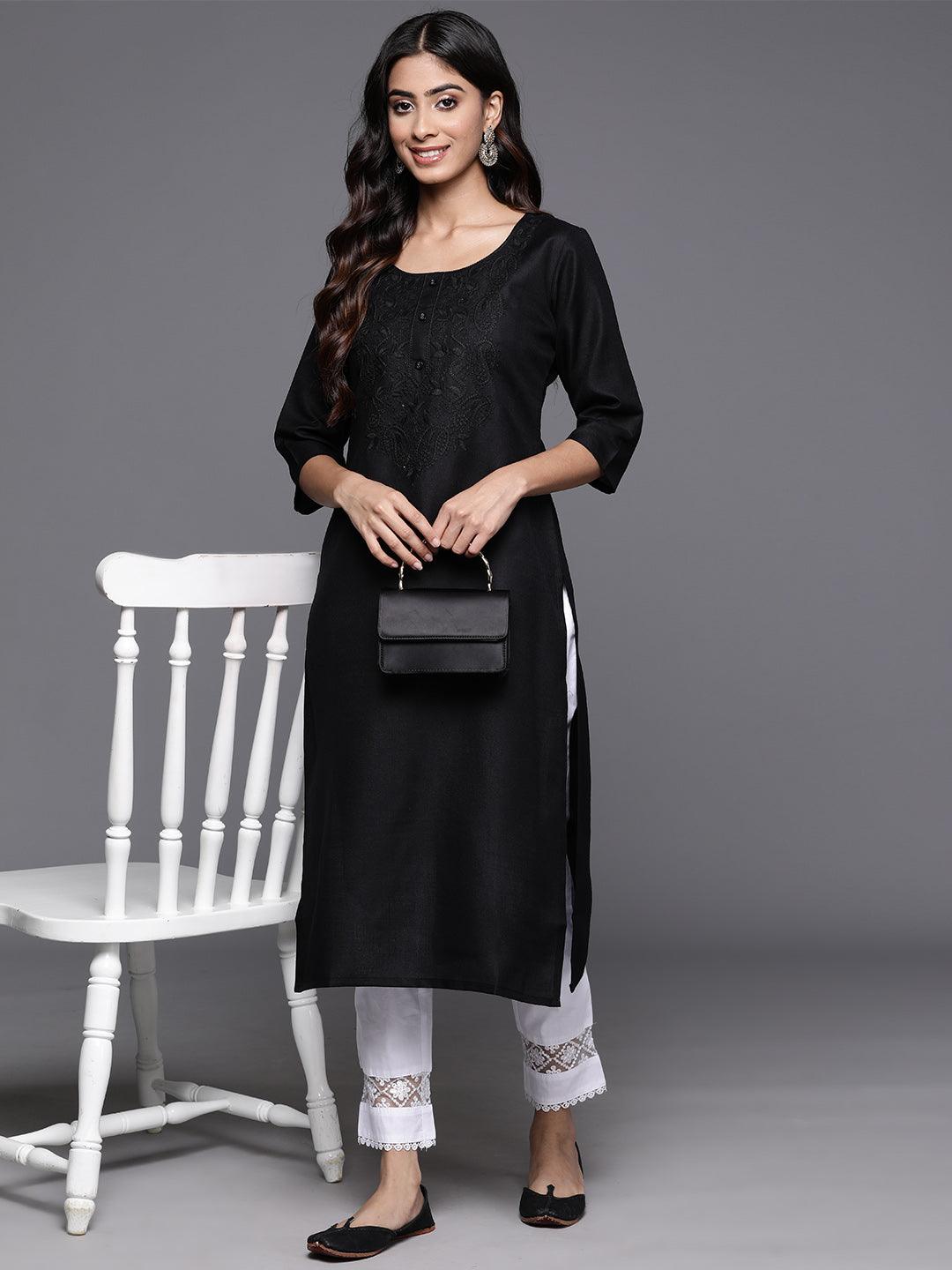 Black Yoke Design Cotton Straight Kurta - Libas