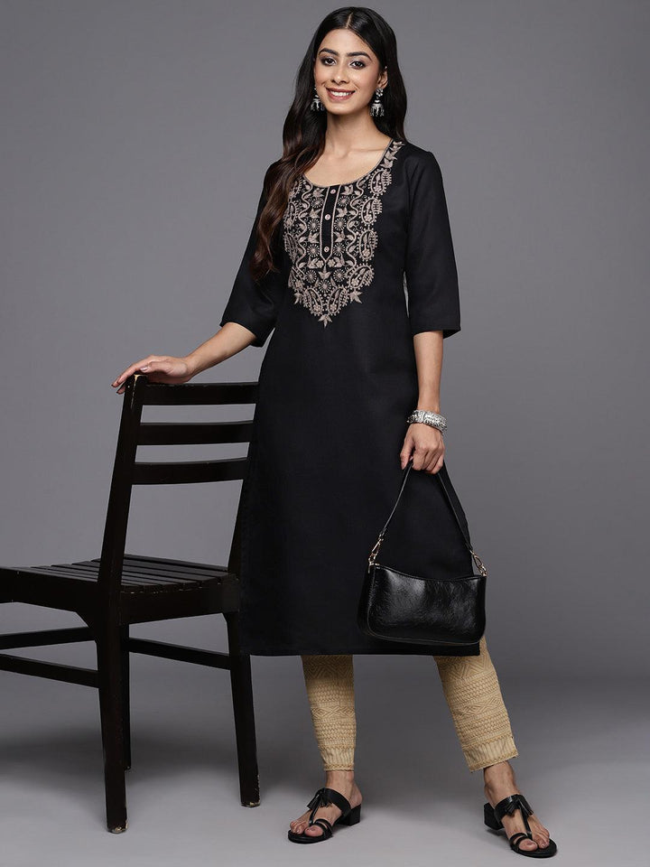 Black Yoke Design Cotton Straight Kurta - Libas