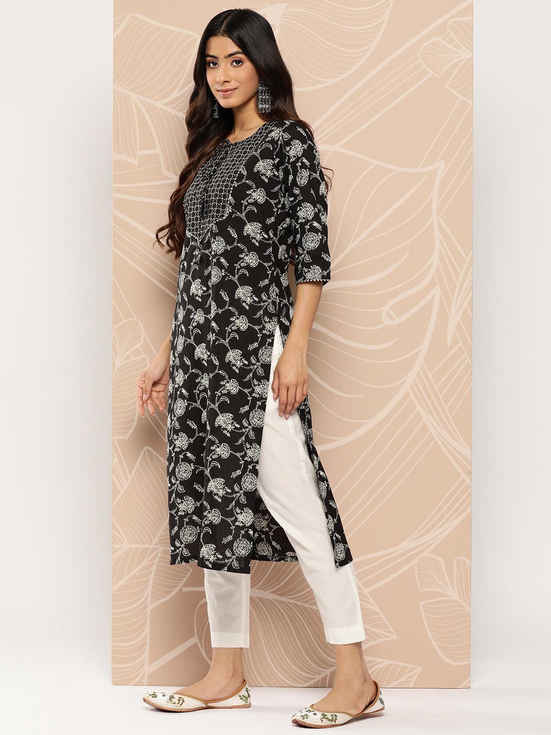 Black Yoke Design Cotton Straight Kurta - Libas