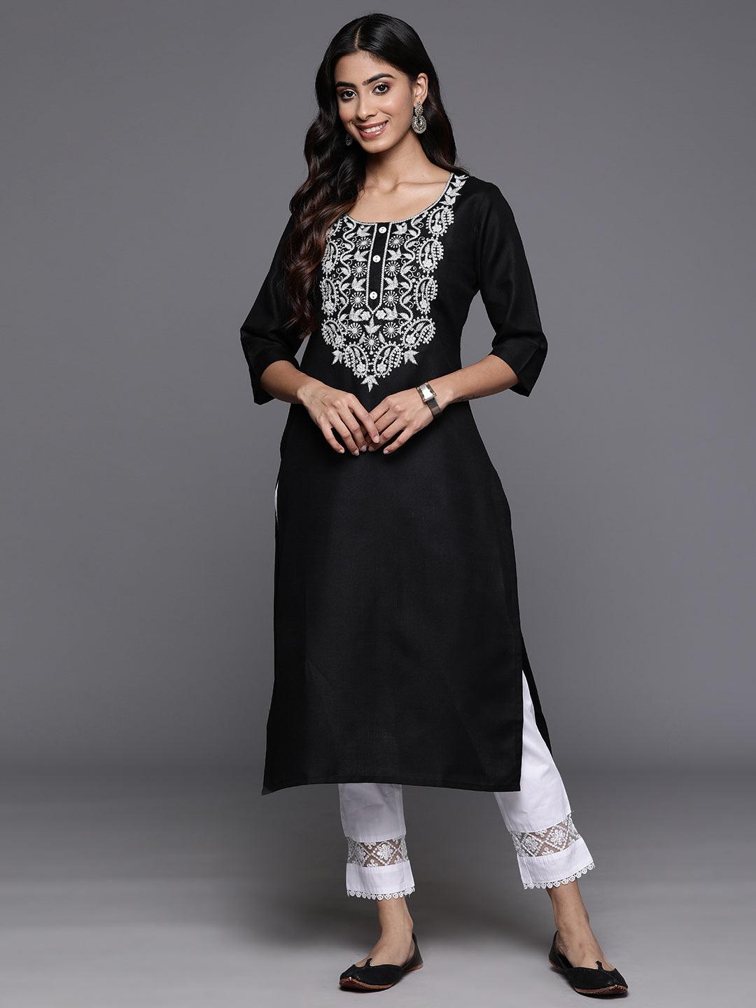 Black Yoke Design Cotton Straight Kurta - Libas