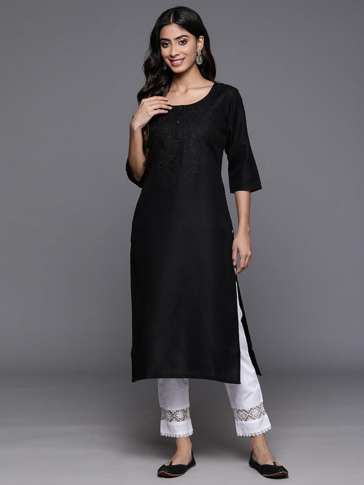 Black Yoke Design Cotton Straight Kurta - Libas