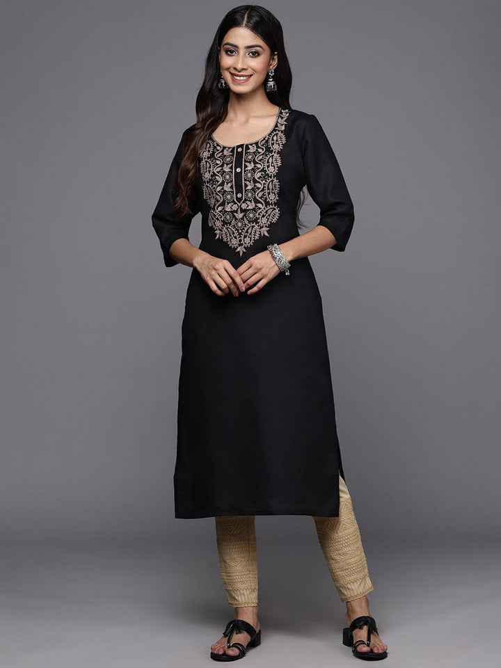 Black Yoke Design Cotton Straight Kurta - Libas